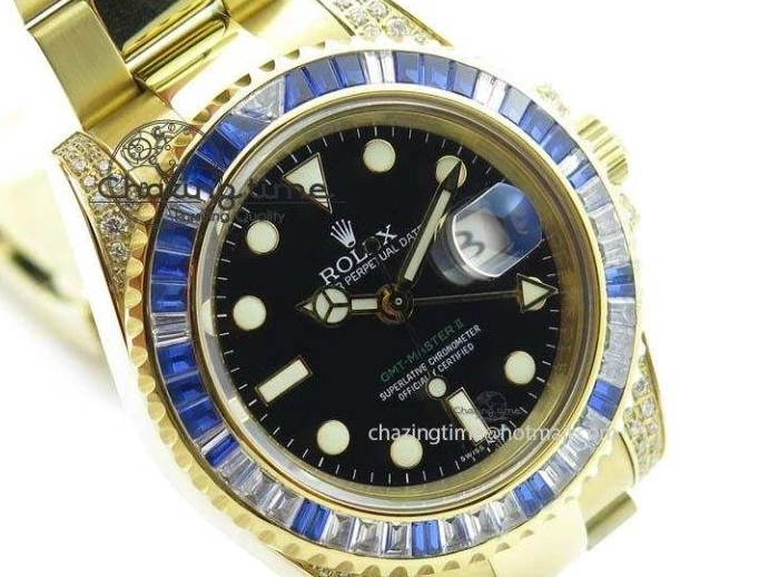 0414 GMT-Master II 116759 YG Bp-Maker Blue Ruby Crystal Bezel Black Dial On YG Bracelet A NewStyle 3775